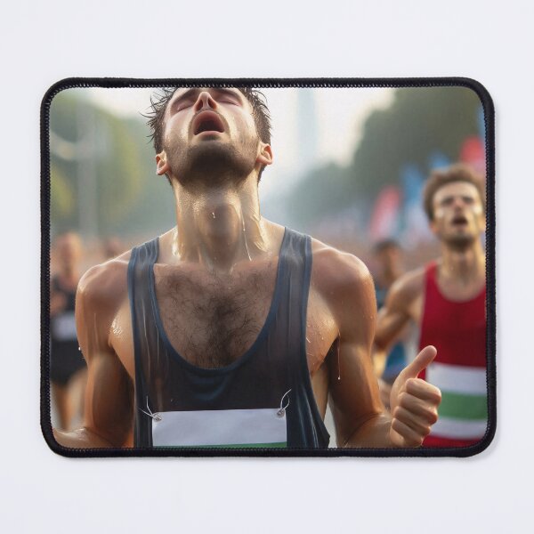 Item preview, Two runners in a race, one in the foreground wearing a dark tank top and bib with a green stripe, and another in the background wearing a red tank top designed and sold by homydesign.
