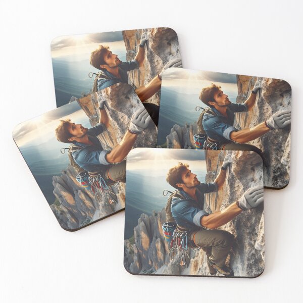 Item preview, A climber ascends a steep rock face, equipped with climbing gear and a backpack, against a backdrop of rugged mountains and a dramatic sunset designed and sold by homydesign.