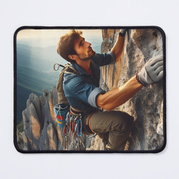 Item preview, A climber ascends a steep rock face, equipped with climbing gear and a backpack, against a backdrop of rugged mountains and a dramatic sunset designed and sold by homydesign.