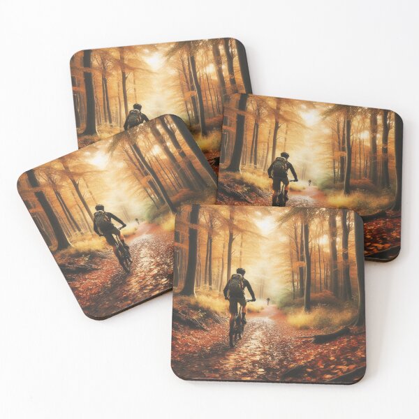Item preview, A mountain biker rides through a mystical autumn forest trail, with golden sunlight streaming through towering beech trees and fallen orange leaves designed and sold by homydesign.