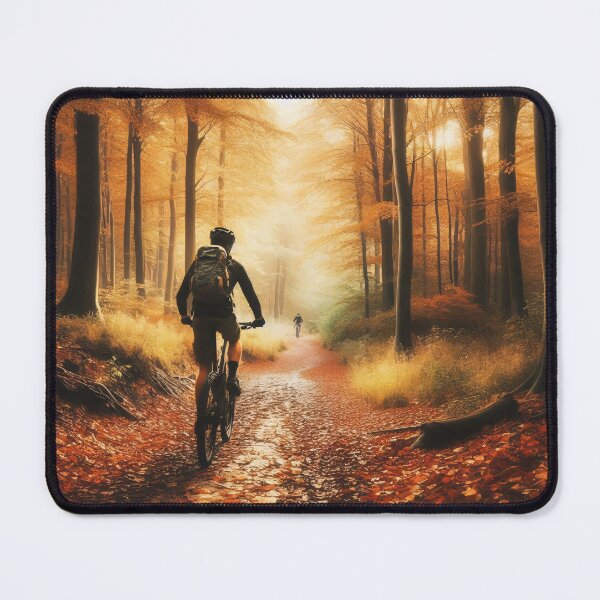 Item preview, A mountain biker rides through a mystical autumn forest trail, with golden sunlight streaming through towering beech trees and fallen orange leaves designed and sold by homydesign.