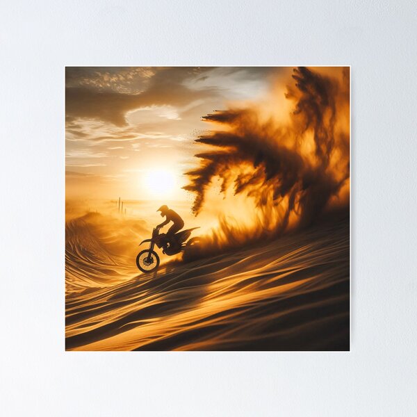 Item preview, Motocross rider in action at sunset, kicking up dust on a rugged trail designed and sold by homydesign.