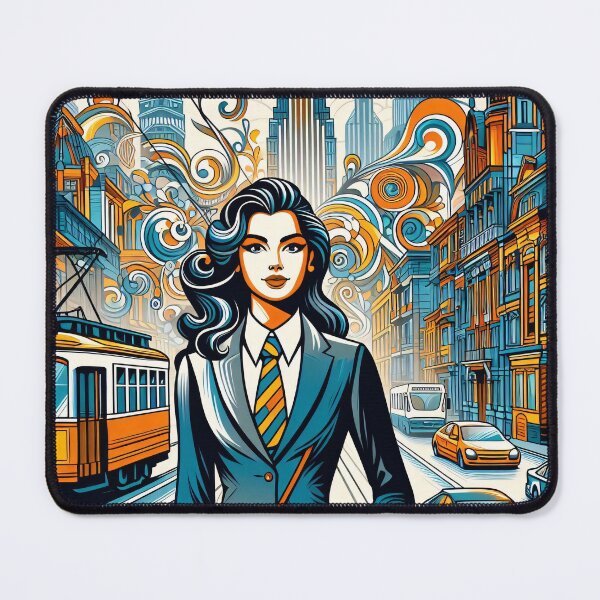 Item preview, Vibrant cityscape with abstract patterns swirling behind a faceless suited figure designed and sold by homydesign.