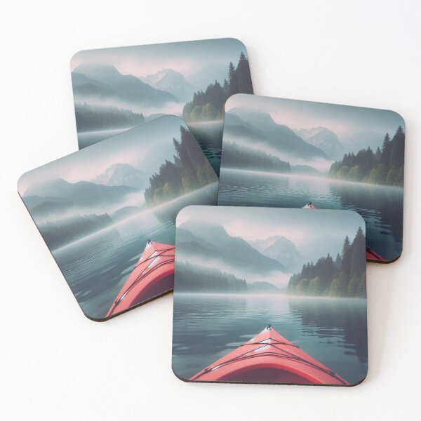 Item preview, Misty lake with a red kayak in the foreground and forested mountains in the background designed and sold by homydesign.