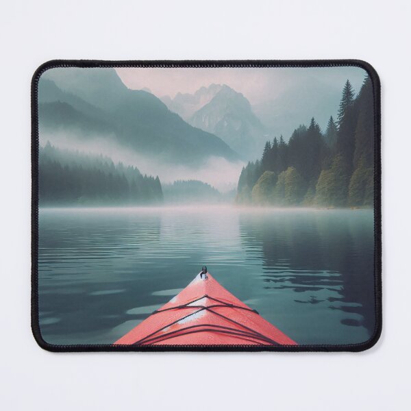 Item preview, Misty lake with a red kayak in the foreground and forested mountains in the background designed and sold by homydesign.