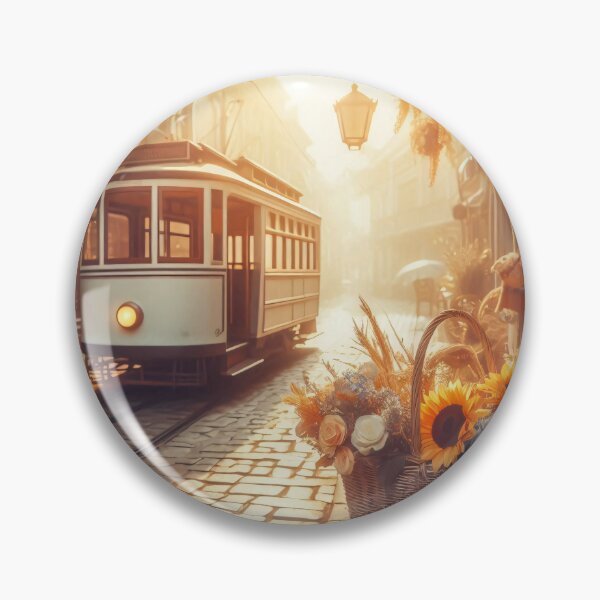 Item preview, Sunlit tram in a misty, cobblestone street at dawn designed and sold by homydesign.