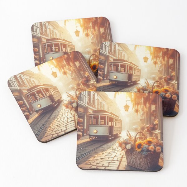 Item preview, Sunlit tram in a misty, cobblestone street at dawn designed and sold by homydesign.