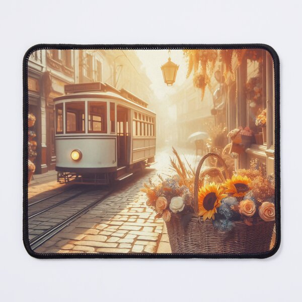 Item preview, Sunlit tram in a misty, cobblestone street at dawn designed and sold by homydesign.