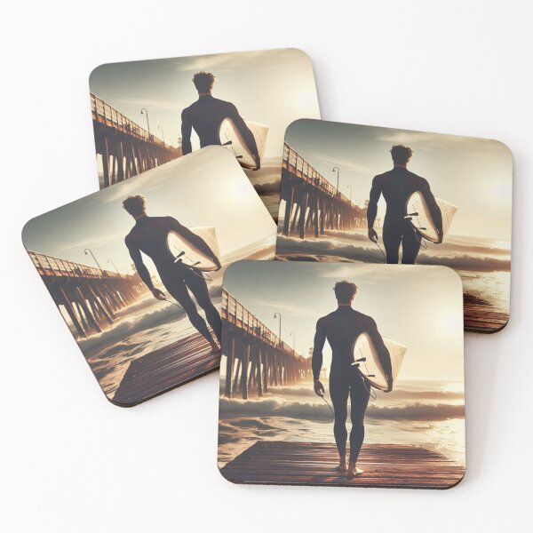 Item preview, Surfer with board under arm walks towards ocean at sunrise designed and sold by homydesign.