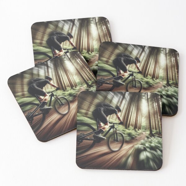 Item preview, A cyclist speeds through a sunlit forest, motion blur effect captures dynamic movement designed and sold by homydesign.