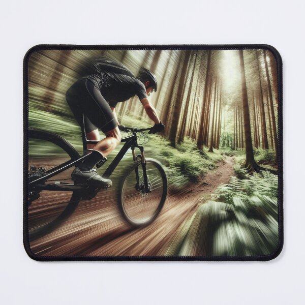 Item preview, A cyclist speeds through a sunlit forest, motion blur effect captures dynamic movement designed and sold by homydesign.