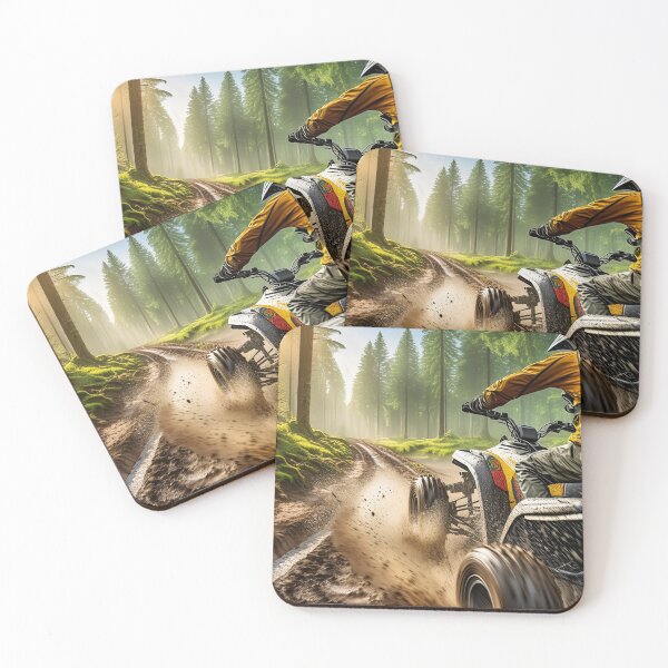Item preview, A rider on an ATV navigates a muddy forest trail. Sunlight filters through trees, creating an enchanting atmosphere. designed and sold by homydesign.