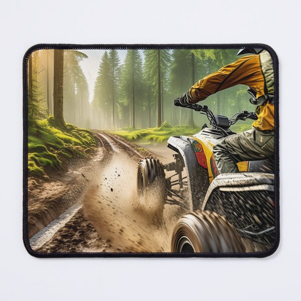 Item preview, A rider on an ATV navigates a muddy forest trail. Sunlight filters through trees, creating an enchanting atmosphere. designed and sold by homydesign.