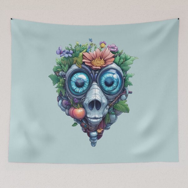 Item preview, Floral Robot Skull with Blue Eyes and Fruit Accents designed and sold by bAIryBarn.