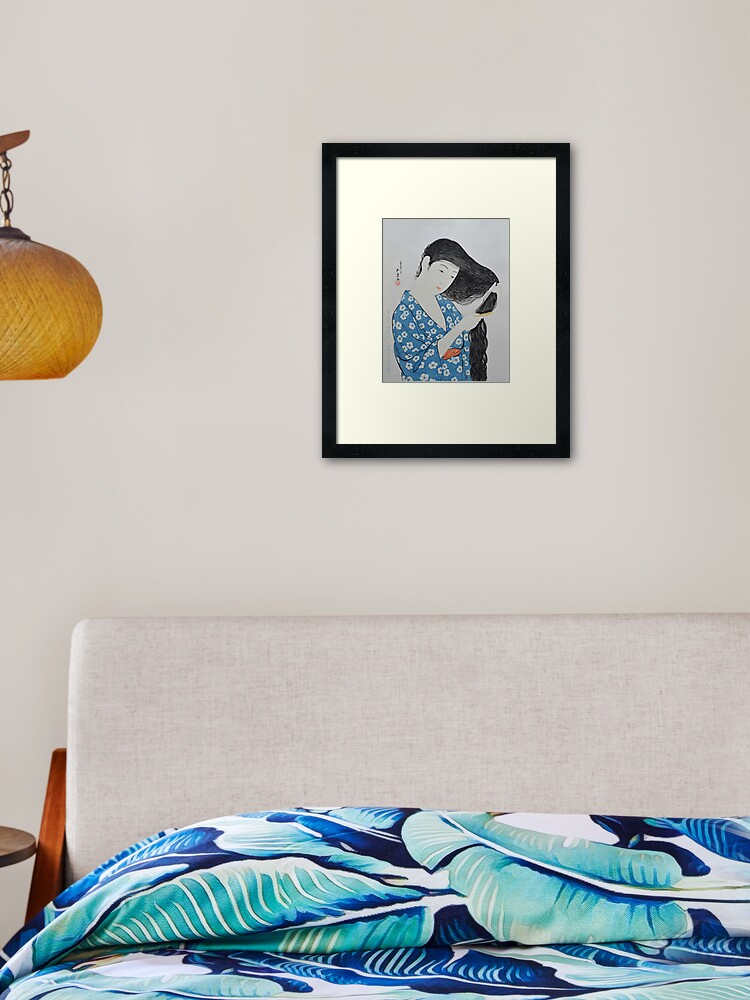 Thumbnail 2 of 7, Framed Art Print, Hashiguchi Goyo - Woman in Blue Combing Her Hair designed and sold by Martstore.