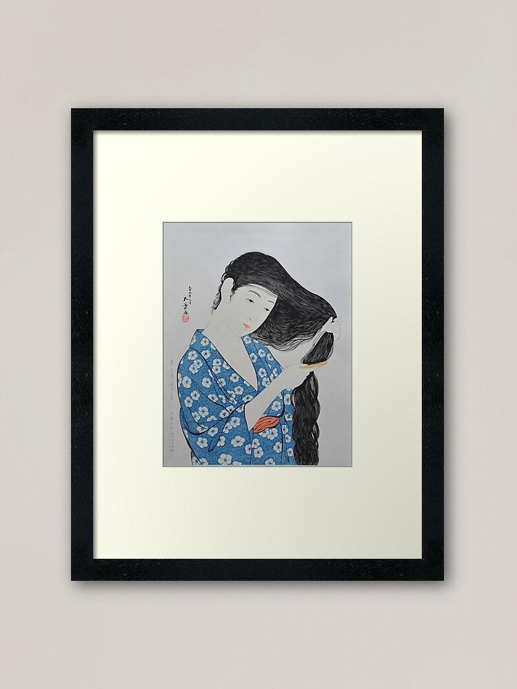 Thumbnail 1 of 7, Framed Art Print, Hashiguchi Goyo - Woman in Blue Combing Her Hair designed and sold by Martstore.