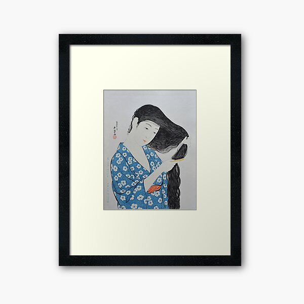 Hashiguchi Goyo - Woman in Blue Combing Her Hair Framed Art Print