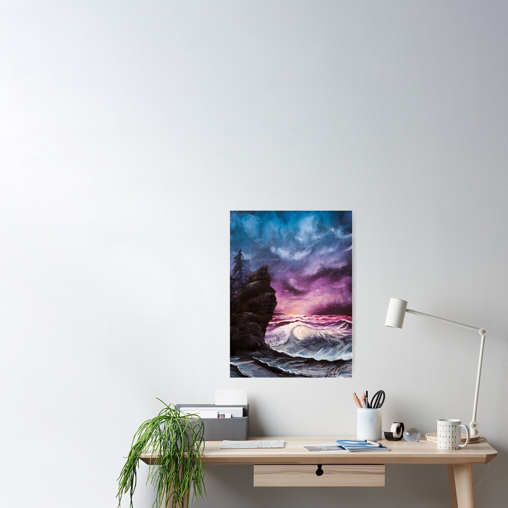 Poster « Peinture de paysage marin de style coucher de ...