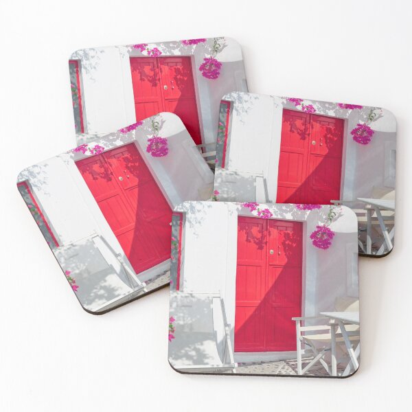 Item preview, Santorini White Villa Entrance with Red Door Bougainvillea designed and sold by Adam Gormley.