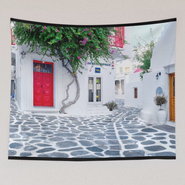 Item preview, Mykonos - White Streets Greek Island Bougainvillea Red Doors designed and sold by Adam Gormley.