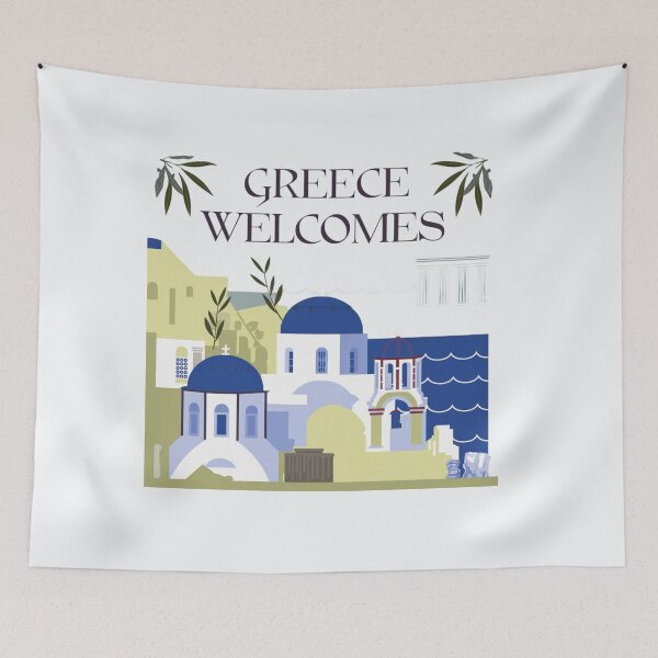 Item preview, Greece Welcomes Flag Map Athens, Acropolis, Santorini designed and sold by AnimalsDH305.