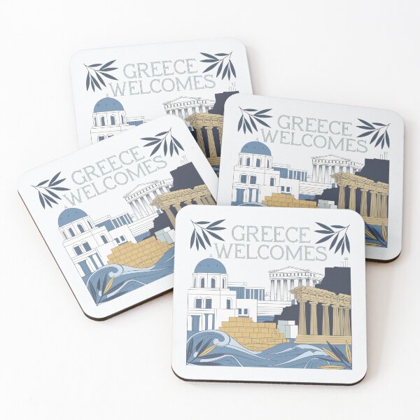 Item preview, Greece Welcomes Flag Map Athens, Acropolis, Santorini designed and sold by AnimalsDH305.