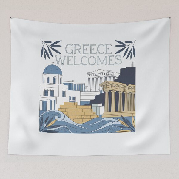 Item preview, Greece Welcomes Flag Map Athens, Acropolis, Santorini designed and sold by AnimalsDH305.