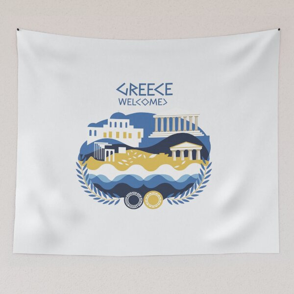 Item preview, Greece Welcomes Flag Map Athens, Acropolis, Santorini designed and sold by AnimalsDH305.