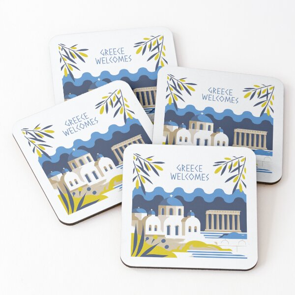 Item preview, Greece Welcomes Flag Map Athens, Acropolis, Santorini designed and sold by AnimalsDH305.
