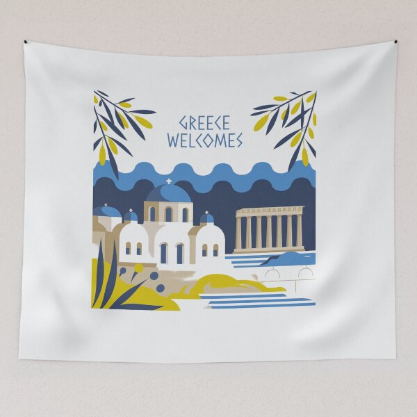 Item preview, Greece Welcomes Flag Map Athens, Acropolis, Santorini designed and sold by AnimalsDH305.