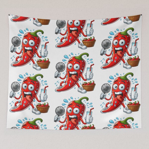 Item preview, red hot chilli pepper holding a fan and a glass of milk, cartoon fun designed and sold by LoneAngel.