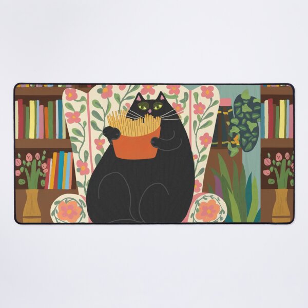 Item preview, A cute black, chubby kitten in is chilling in an armchair while eating french fries. designed and sold by SaraSumi.