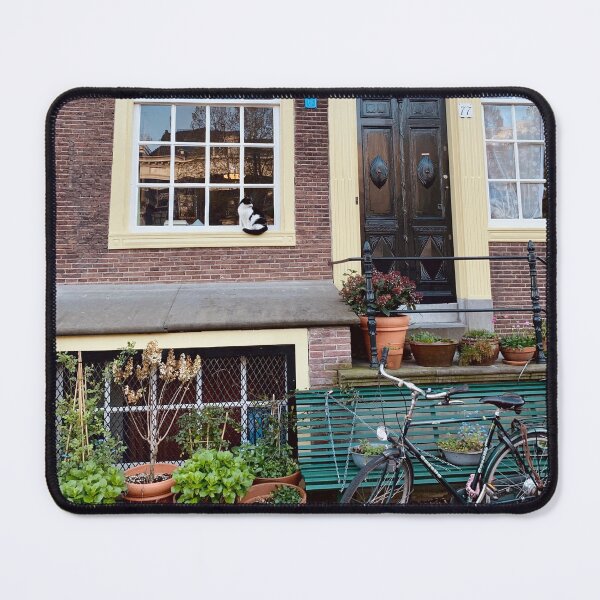 Item preview, Tuxedo Cat Sitting on the Window in Cute Amsterdam House Front designed and sold by Quoppidou.