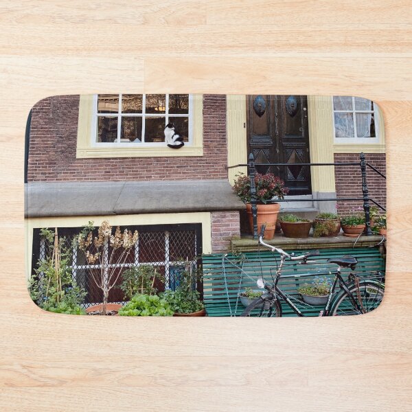 Item preview, Tuxedo Cat Sitting on the Window in Cute Amsterdam House Front designed and sold by Quoppidou.