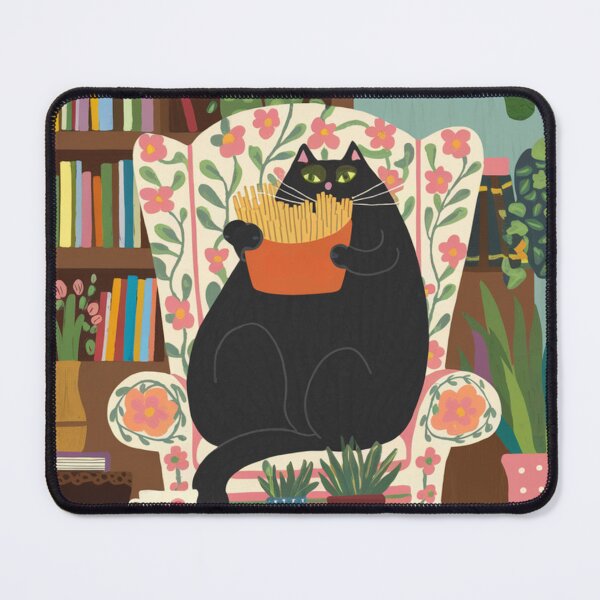 Item preview, A cute black, chubby kitten in is chilling in an armchair while eating french fries. designed and sold by SaraSumi.