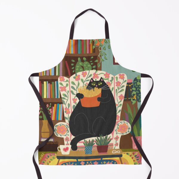 Item preview, A cute black, chubby kitten in is chilling in an armchair while eating french fries. designed and sold by SaraSumi.