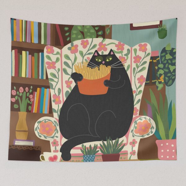 Item preview, A cute black, chubby kitten in is chilling in an armchair while eating french fries. designed and sold by SaraSumi.
