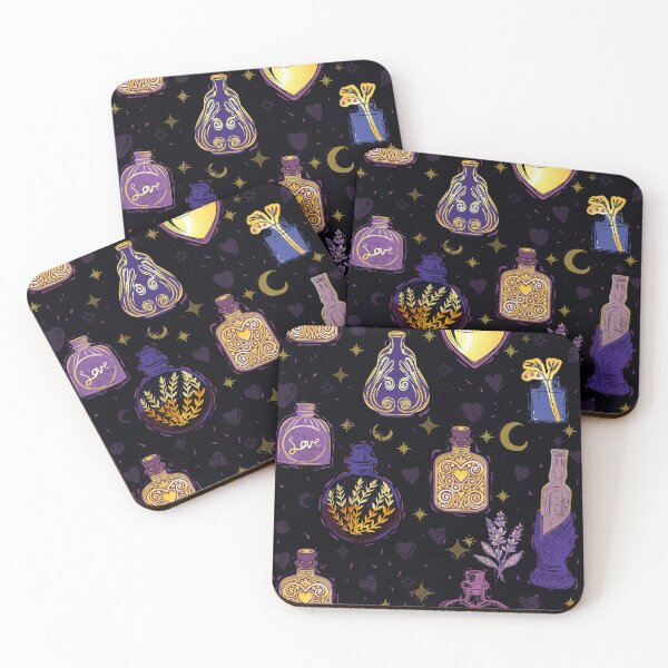 Item preview, Linocut Apothecary Love Potions Purple and Gold designed and sold by eeszarek.