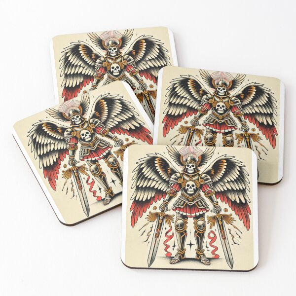 Item preview, Angel of Death Tattoo-Style Skeleton Warrior with Wings and Dual Swords in Retro Ink Aesthetic designed and sold by Negative Vibes Only.