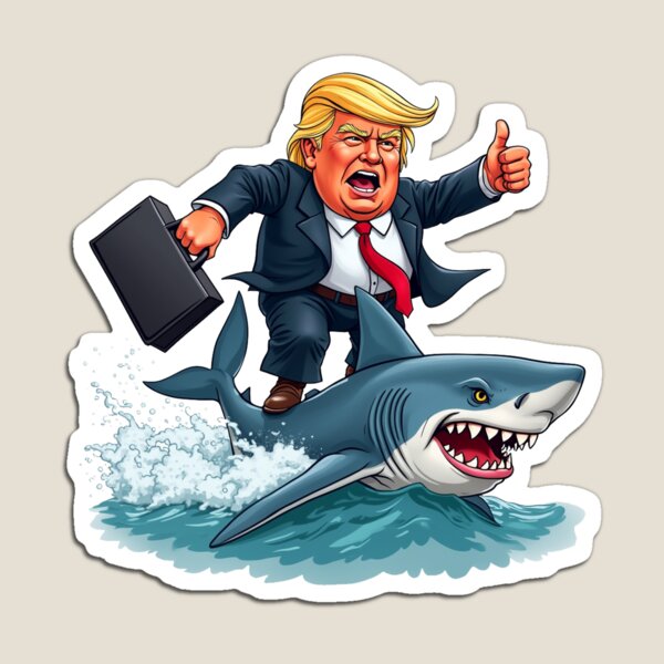 Artikelvorschau, Trump surft auf einem Hai – lustiges Cartoon-Design entworfen und verkauft von Creative Spark.