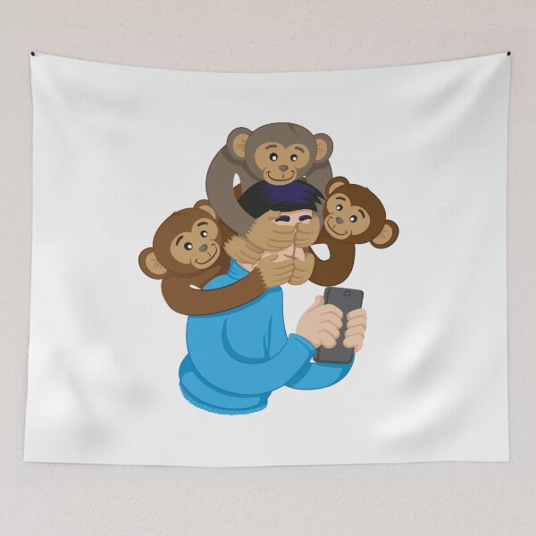 Item preview, Message of awareness analogy concerning the monkeys, blind, deaf and mute. Person indifferent and isolated to the events around him due to the use of social networks, internet and cellular designed and sold by LucianoCosmo.