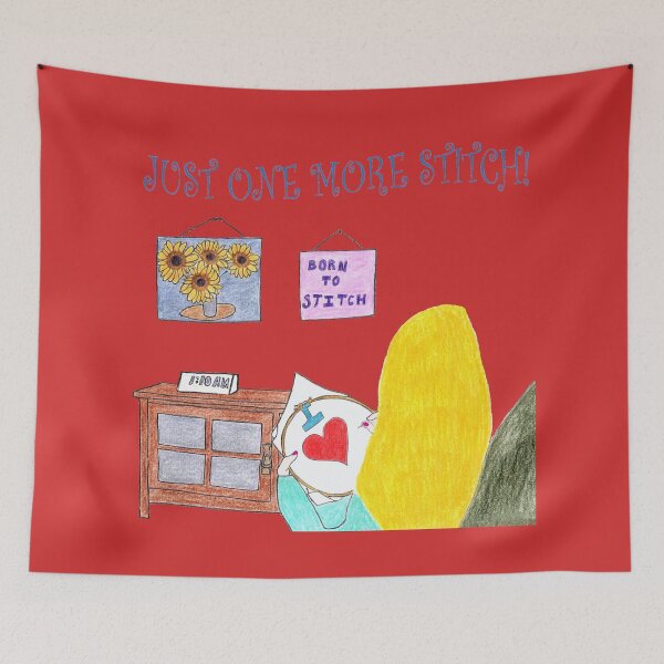 Item preview, Just One More Stitch! (Blonde with Red background) designed and sold by DeeDeee1970.