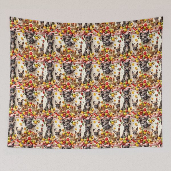 Item preview, A fun 3D pattern background showcasing French Bulldogs enjoying a picnic,surrounded by fruits and picnic baskets,ideal for cheerful summer-themed designs. designed and sold by AlwaysHome.