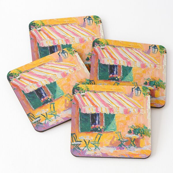 Item preview, Lively Outdoor Cafe with Green Chairs and Vibrant Yellow Wall Abstract Digital AI Art designed and sold by OlfactoART Studio.