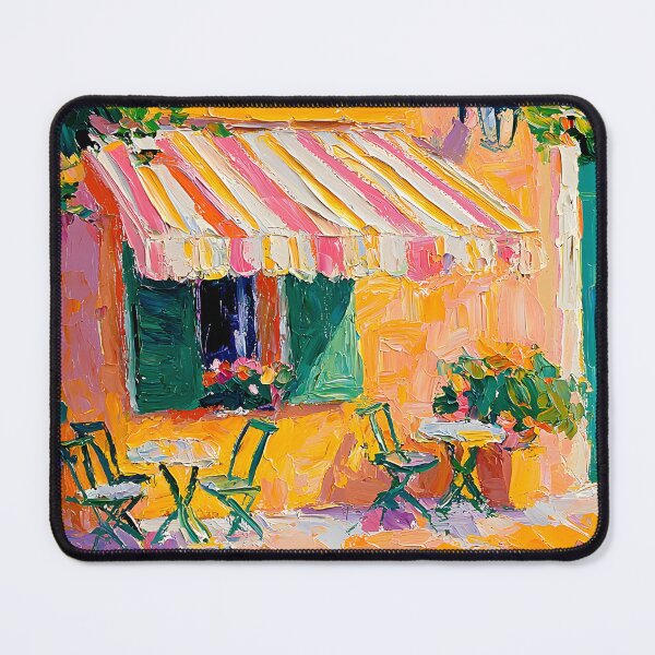 Item preview, Lively Outdoor Cafe with Green Chairs and Vibrant Yellow Wall Abstract Digital AI Art designed and sold by OlfactoART Studio.