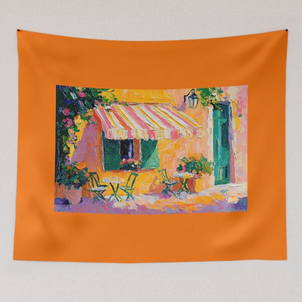 Item preview, Lively Outdoor Cafe with Green Chairs and Vibrant Yellow Wall Abstract Digital AI Art designed and sold by OlfactoART Studio.