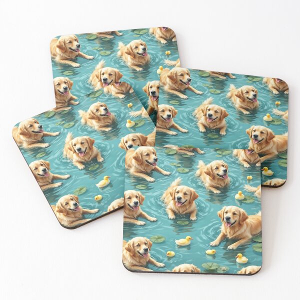 Item preview, A playful 3D pattern background showcasing Golden Retrievers swimming in a lake,surrounded by lily pads and ducks,ideal for summer-themed pet products. designed and sold by AlwaysHome.