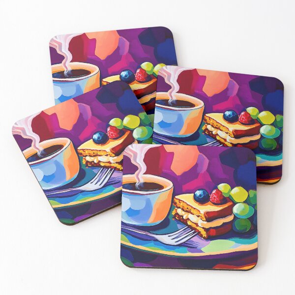 Item preview, Steaming Coffee and Berry Topped Cake- A Vibrant and Energetic Snack Scene Abstract AI Art in Fauvism designed and sold by OlfactoART Studio.