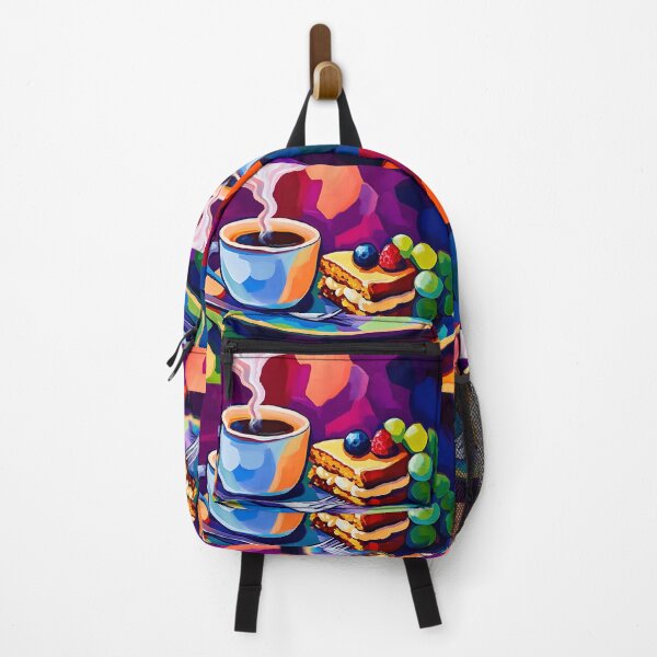 Item preview, Steaming Coffee and Berry Topped Cake- A Vibrant and Energetic Snack Scene Abstract AI Art in Fauvism designed and sold by OlfactoART Studio.