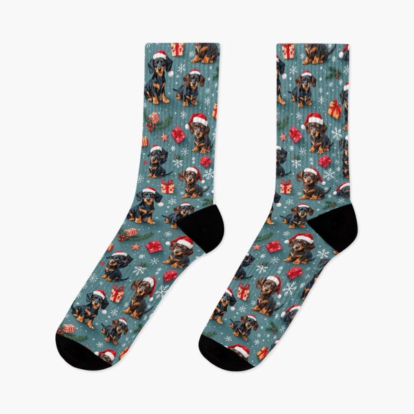 Item preview, A festive 3D pattern background showcasing Dachshunds in Santa hats,surrounded by Christmas gifts and snowflakes,ideal for holiday pet designs. designed and sold by AlwaysHome.